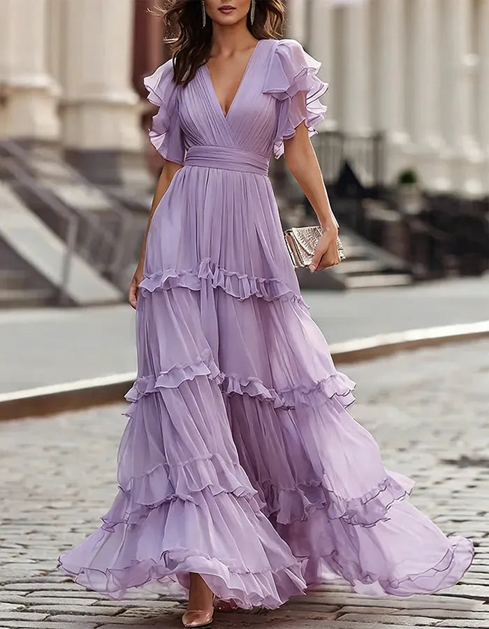 Women's Flowy Ruffle Maxi Wedding Guest Dress with V-Neck