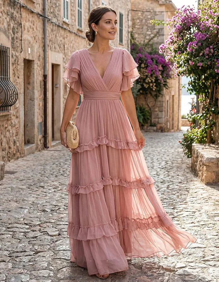 Women's Flowy Ruffle Maxi Wedding Guest Dress with V-Neck