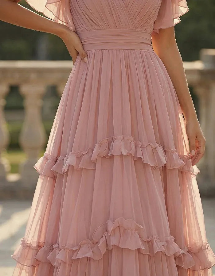 Women's Flowy Ruffle Maxi Wedding Guest Dress with V-Neck