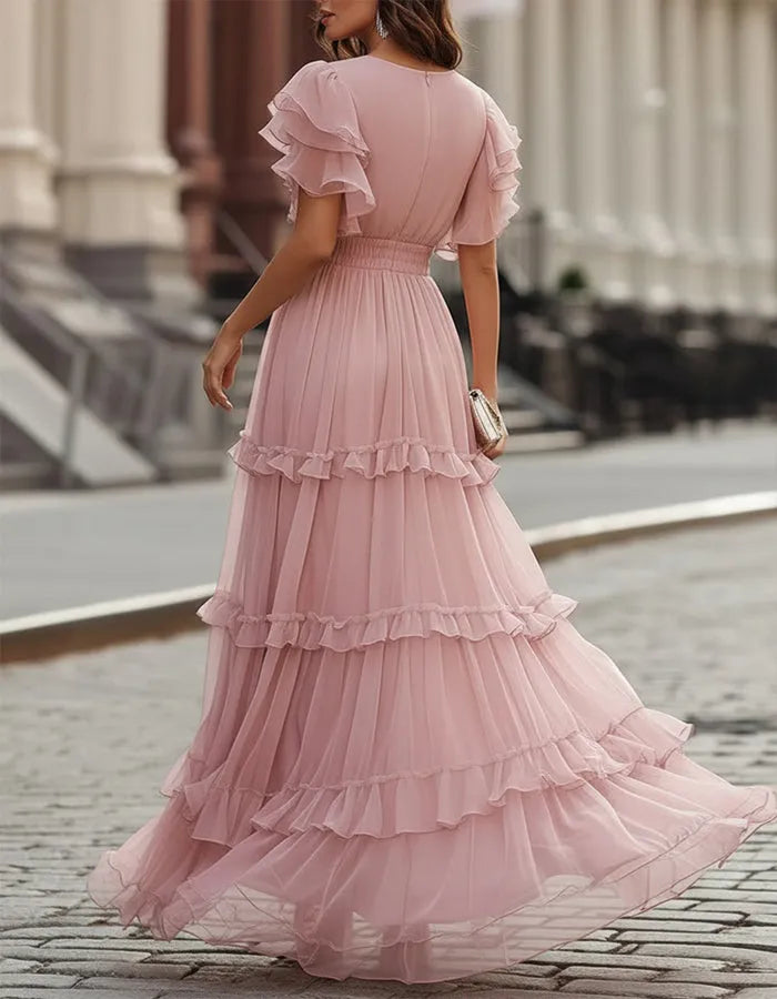 Women's Flowy Ruffle Maxi Wedding Guest Dress with V-Neck