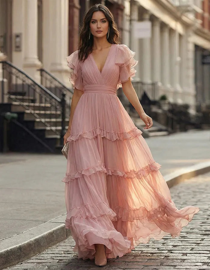 Women's Flowy Ruffle Maxi Wedding Guest Dress with V-Neck