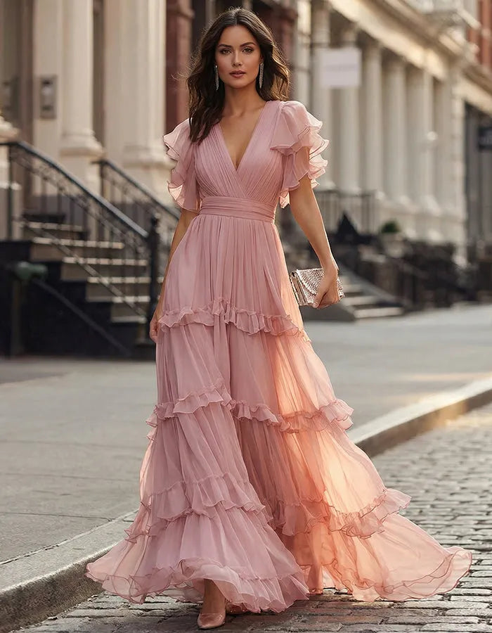 Women's Flowy Ruffle Maxi Wedding Guest Dress with V-Neck