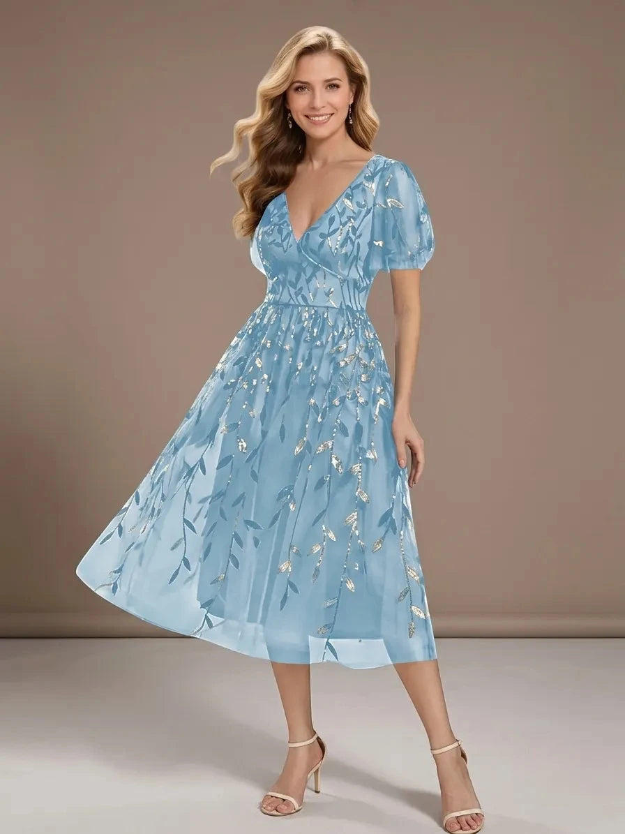 Women's Formal A-Line Midi Wedding Guest Dress with Flutter Sleeve