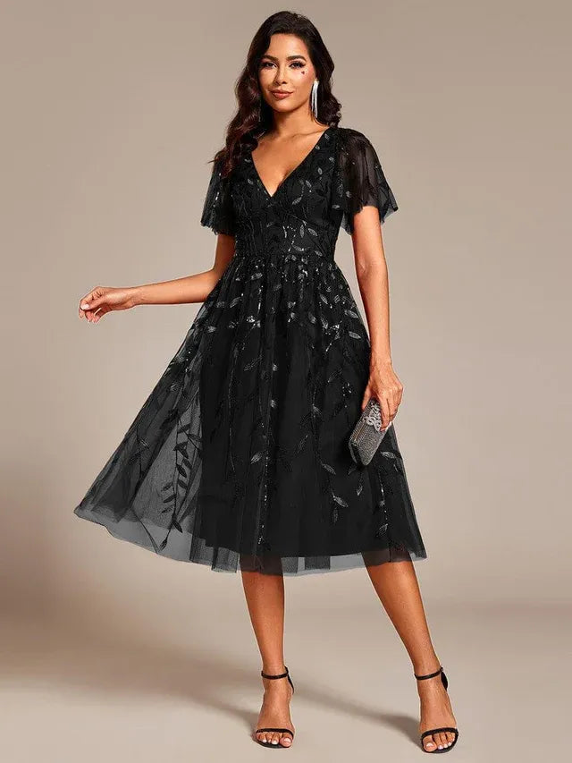 Women's Formal A-Line Midi Wedding Guest Dress with Flutter Sleeve