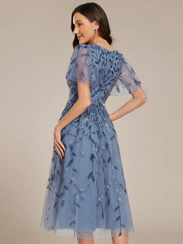 Women's Formal A-Line Midi Wedding Guest Dress with Flutter Sleeve