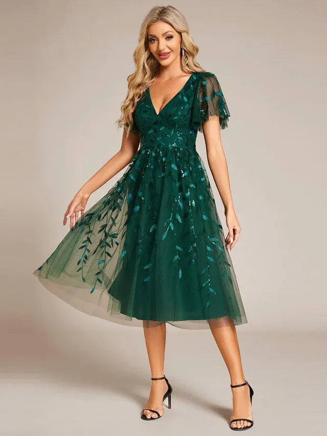 Women's Formal A-Line Midi Wedding Guest Dress with Flutter Sleeve