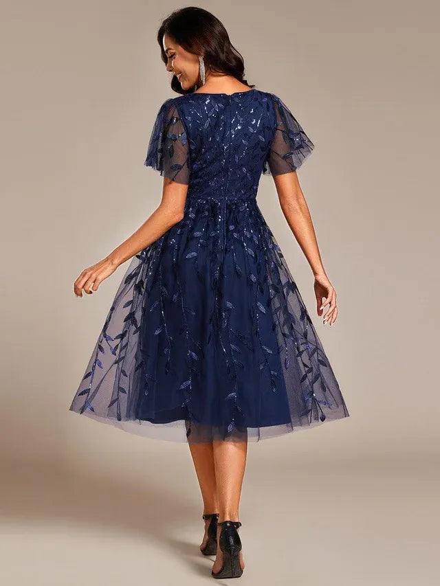 Women's Formal A-Line Midi Wedding Guest Dress with Flutter Sleeve
