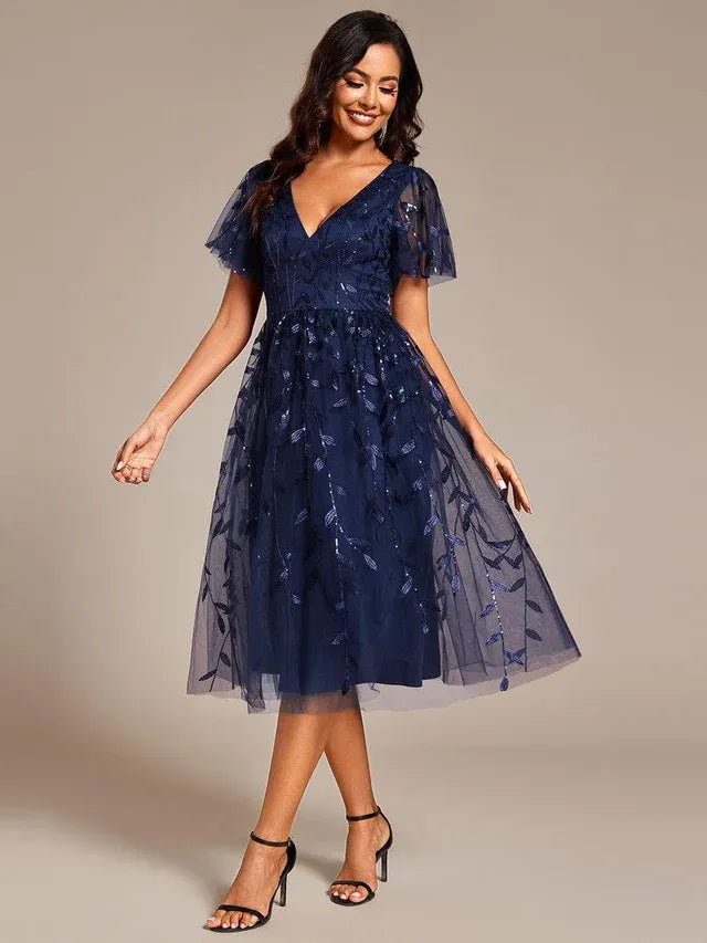 Women's Formal A-Line Midi Wedding Guest Dress with Flutter Sleeve