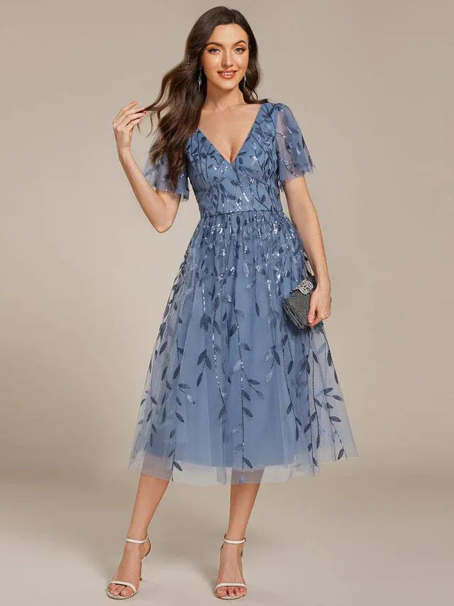 Women's Formal A-Line Midi Wedding Guest Dress with Flutter Sleeve