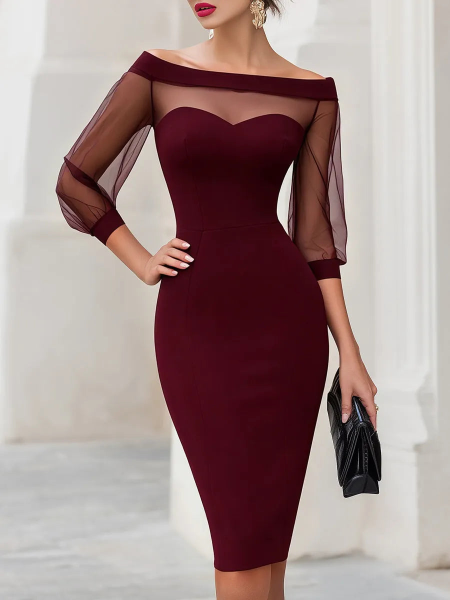 Women's Formal Bodycon Midi Wedding Guest Dress with Sweetheart Neckline