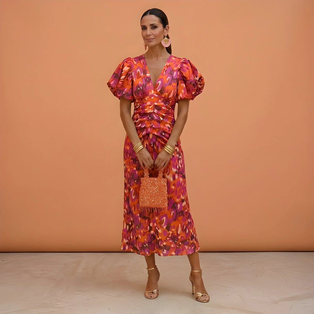 Women's Formal Elegant Midi Wedding Guest Dress with V-Neck