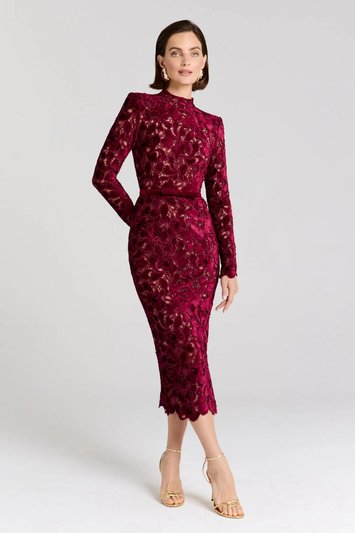 Women's Formal Long Sleeve Midi Wedding Guest Dress with High Neck