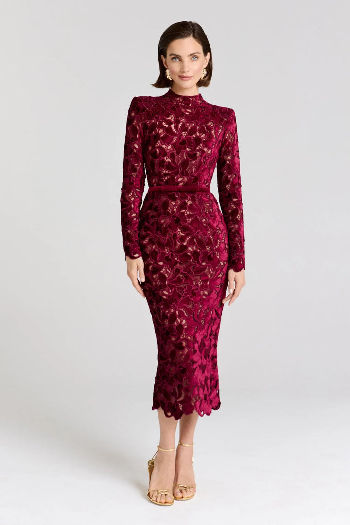 Women's Formal Long Sleeve Midi Wedding Guest Dress with High Neck