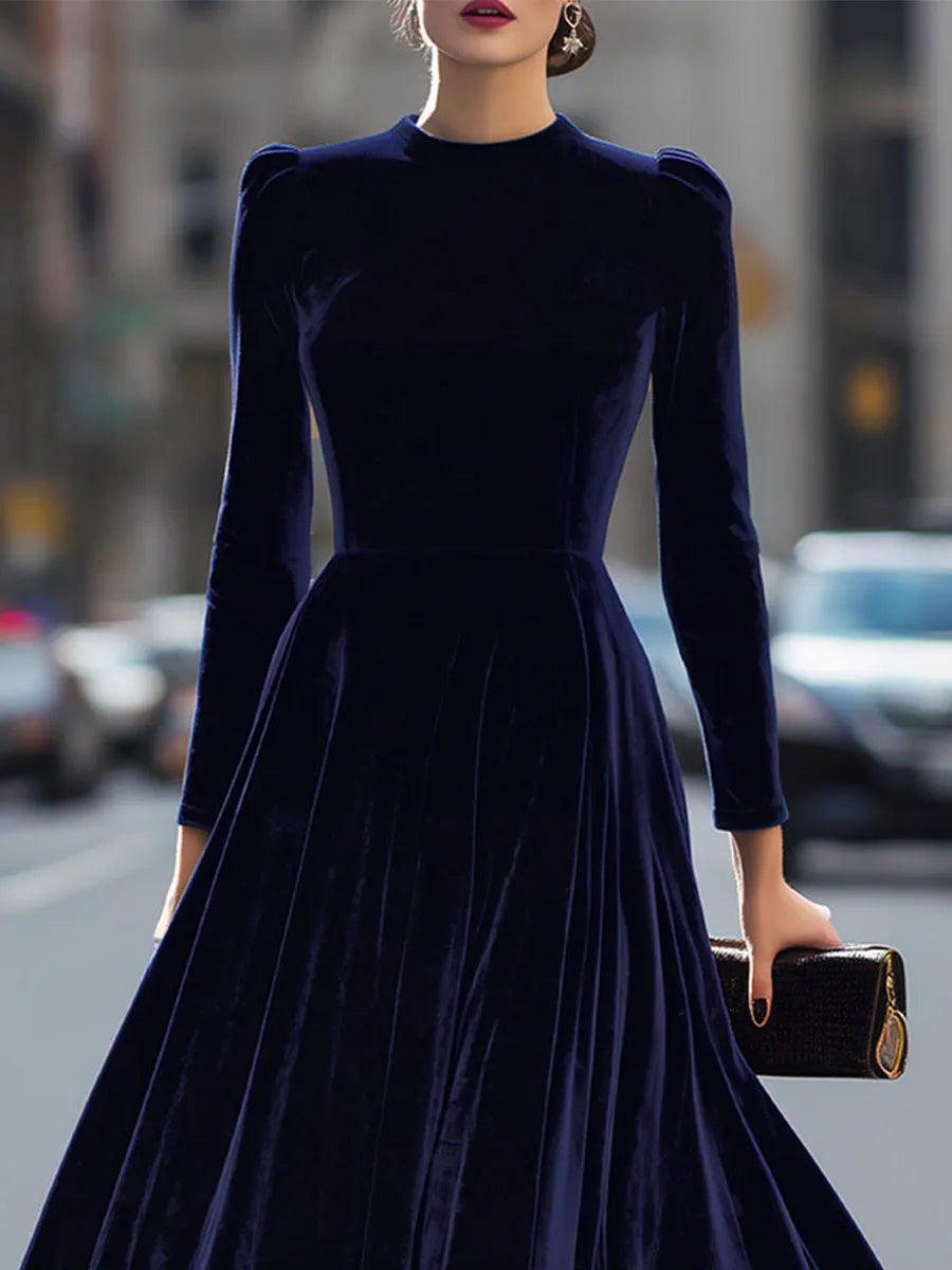 Women's Formal Pleated Midi Wedding Guest Dress with Puff Sleeve