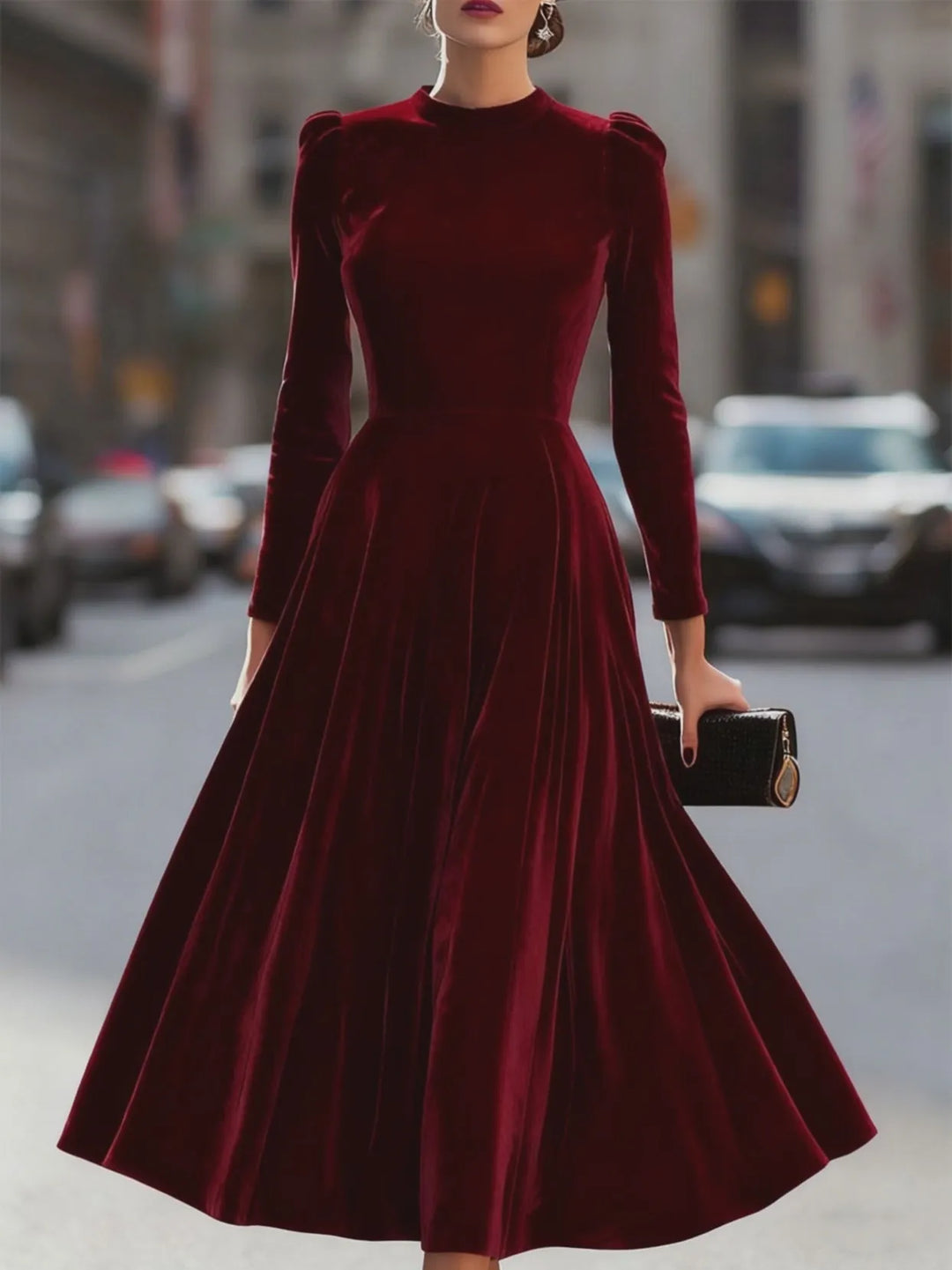 Women's Formal Pleated Midi Wedding Guest Dress with Puff Sleeve