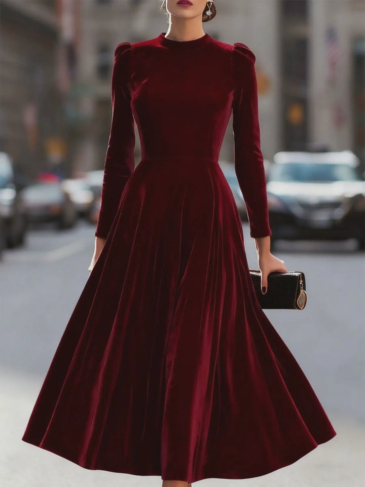 Women's Formal Pleated Midi Wedding Guest Dress with Puff Sleeve