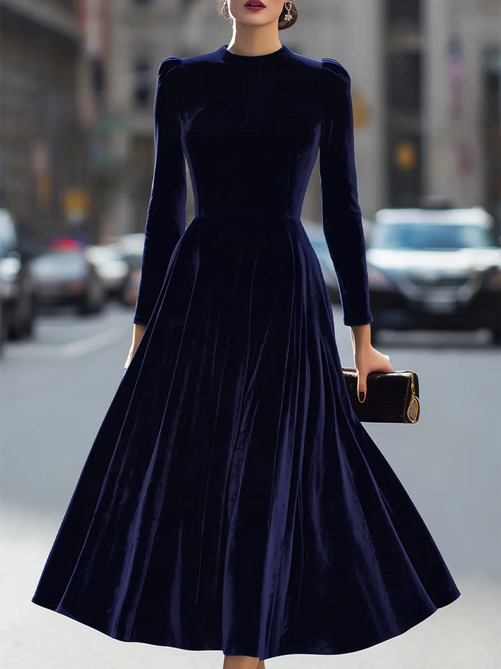 Women's Formal Pleated Midi Wedding Guest Dress with Puff Sleeve