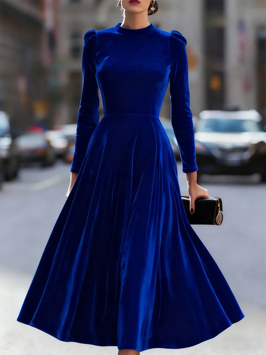 Women's Formal Pleated Midi Wedding Guest Dress with Puff Sleeve