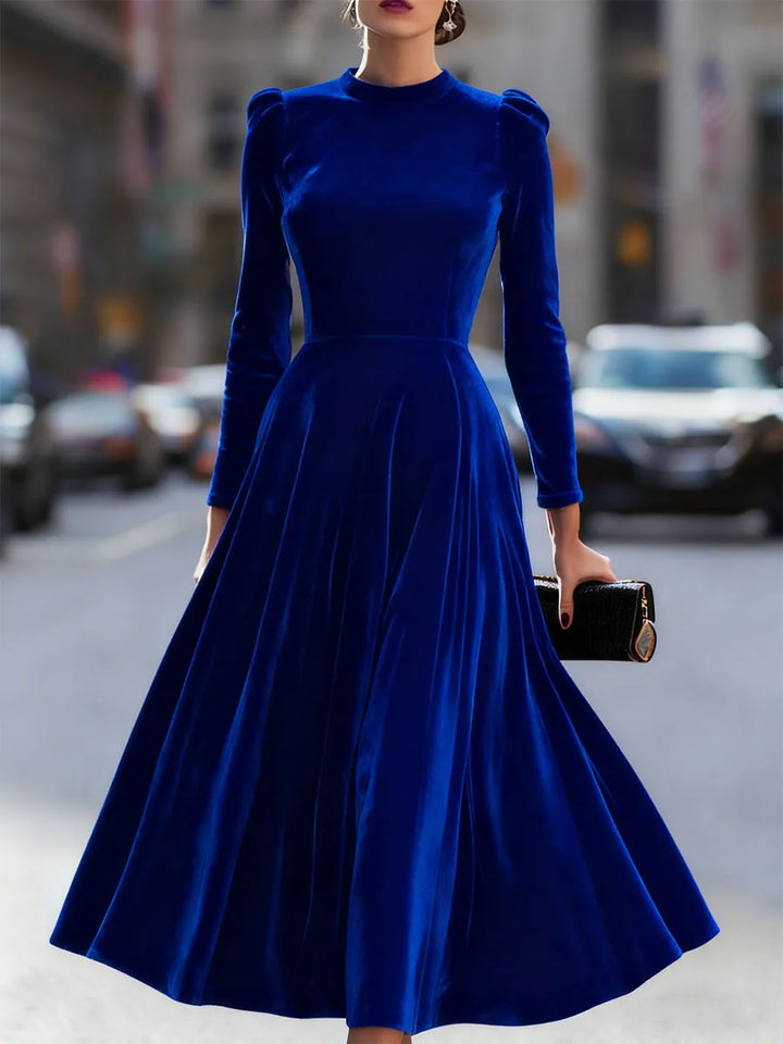 Women's Formal Pleated Midi Wedding Guest Dress with Puff Sleeve