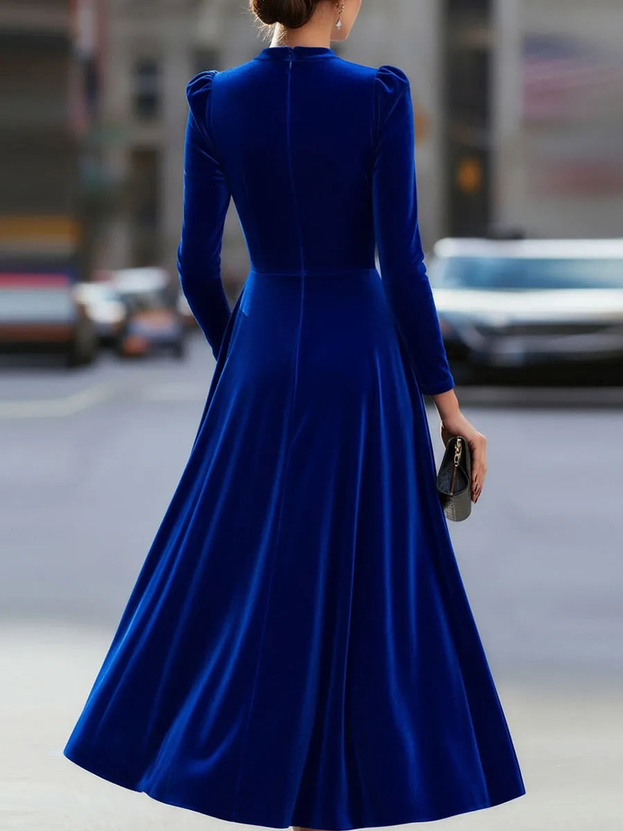 Women's Formal Pleated Midi Wedding Guest Dress with Puff Sleeve