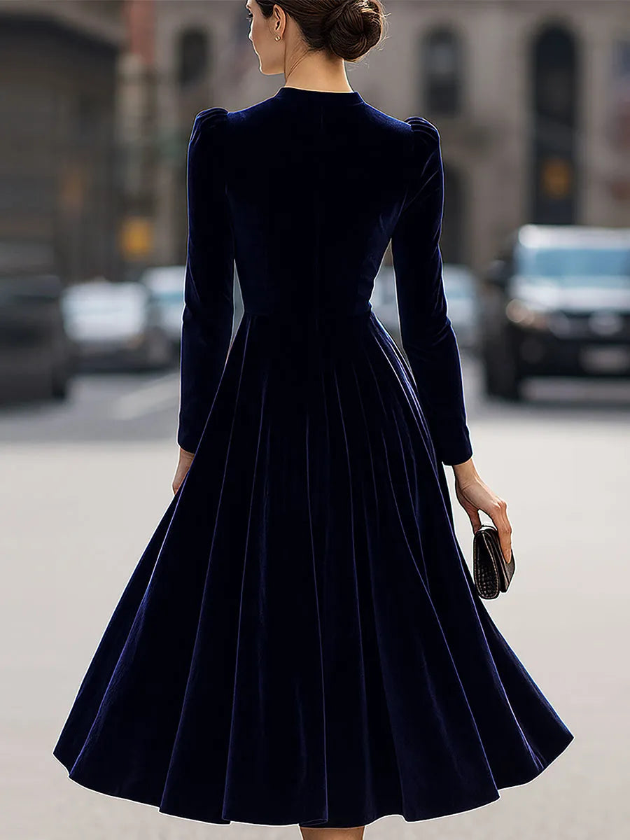 Women's Formal Pleated Midi Wedding Guest Dress with Puff Sleeve