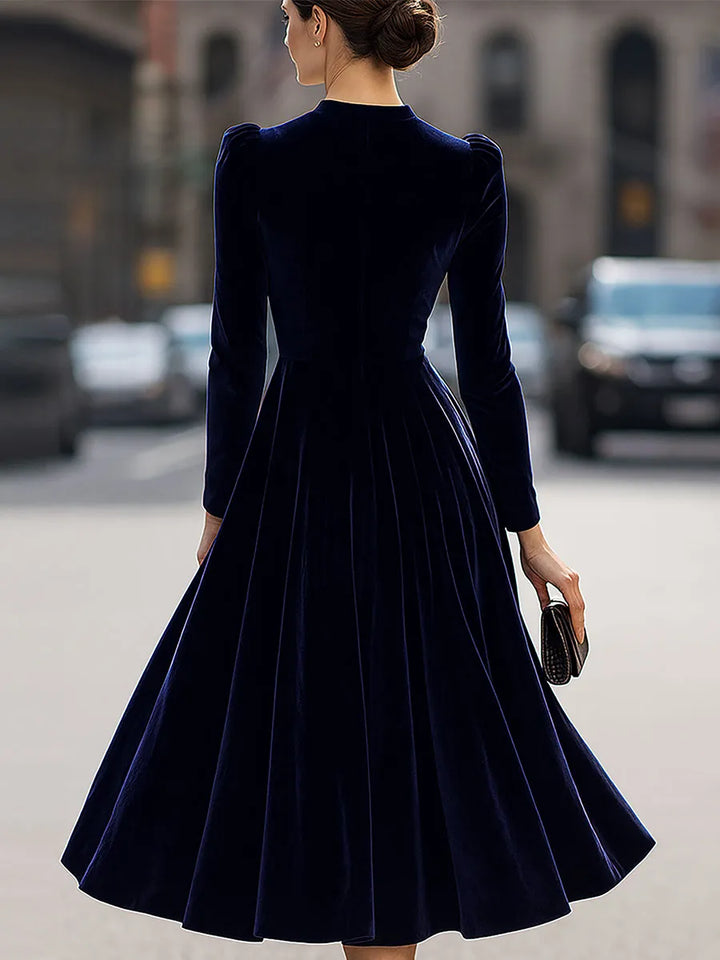 Women's Formal Pleated Midi Wedding Guest Dress with Puff Sleeve