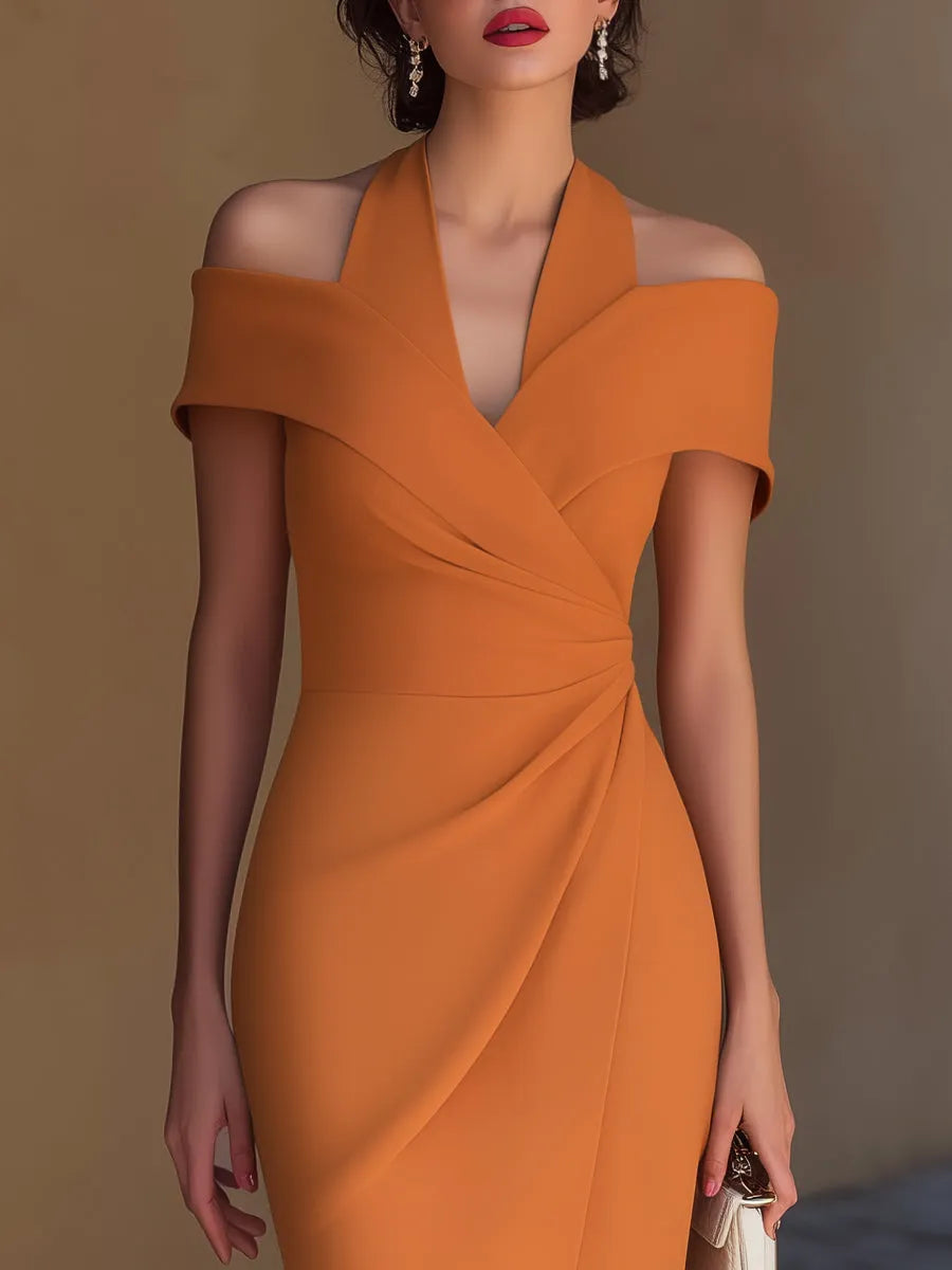 Women's Formal Ruched Midi Wedding Guest Dress with Sweetheart Neckline