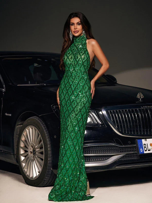 Women's Formal Sequin Maxi Cocktail Dress with High Neck