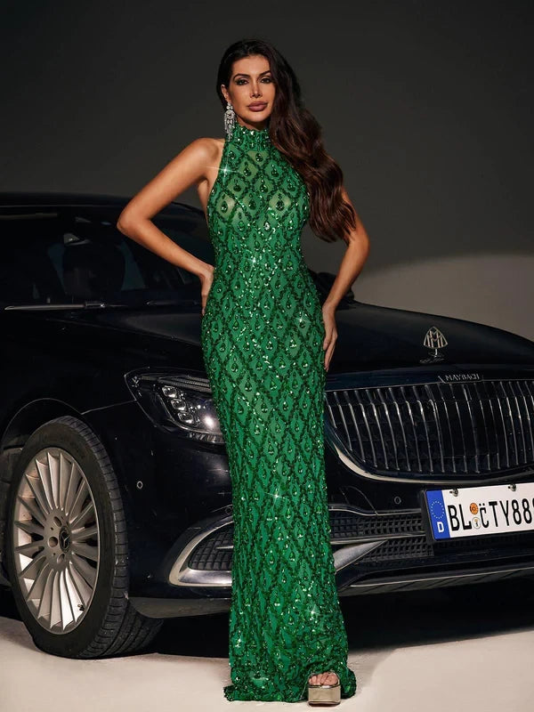 Women's Formal Sequin Maxi Cocktail Dress with High Neck