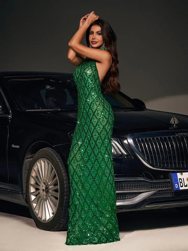 Women's Formal Sequin Maxi Cocktail Dress with High Neck