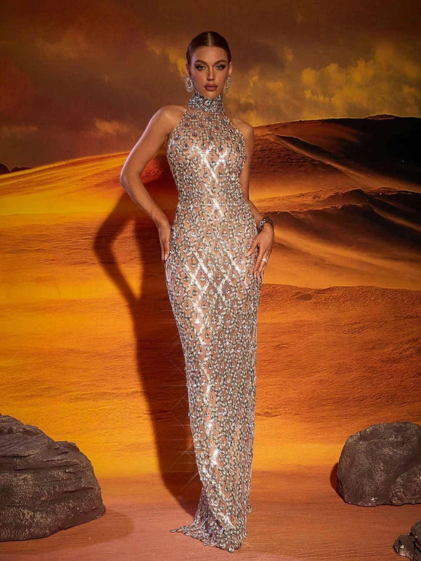 Women's Formal Sequin Maxi Cocktail Dress with High Neck