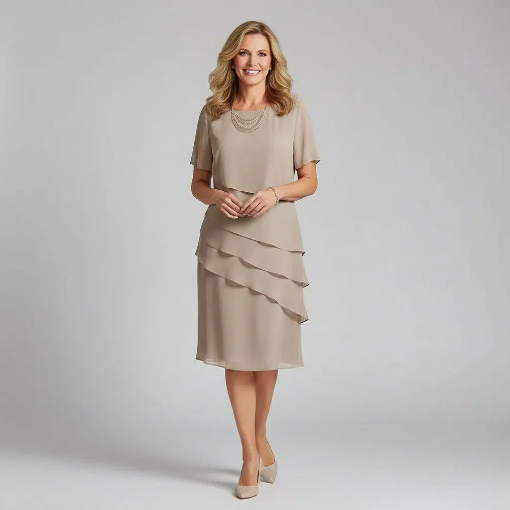 Women's Formal Short Sleeve Midi Wedding Guest Dress with Tiered Design