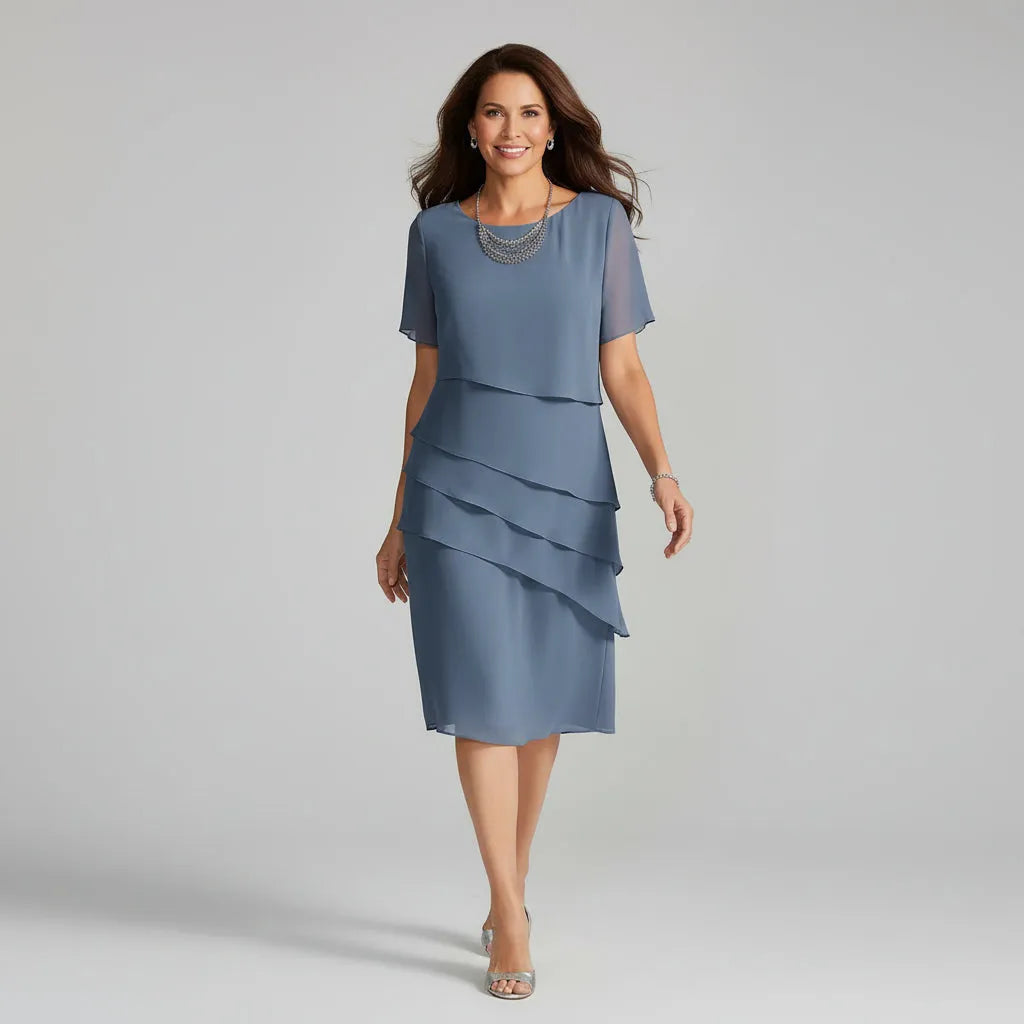 Women's Formal Short Sleeve Midi Wedding Guest Dress with Tiered Design