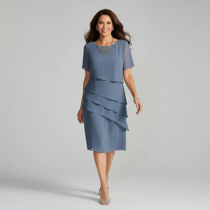 Women's Formal Short Sleeve Midi Wedding Guest Dress with Tiered Design