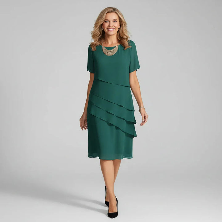 Women's Formal Short Sleeve Midi Wedding Guest Dress with Tiered Design