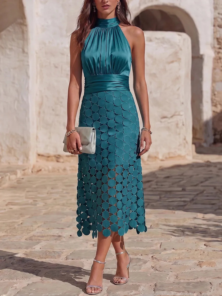 Women’s Formal Sleeveless Midi Wedding Guest Dress with High Neck