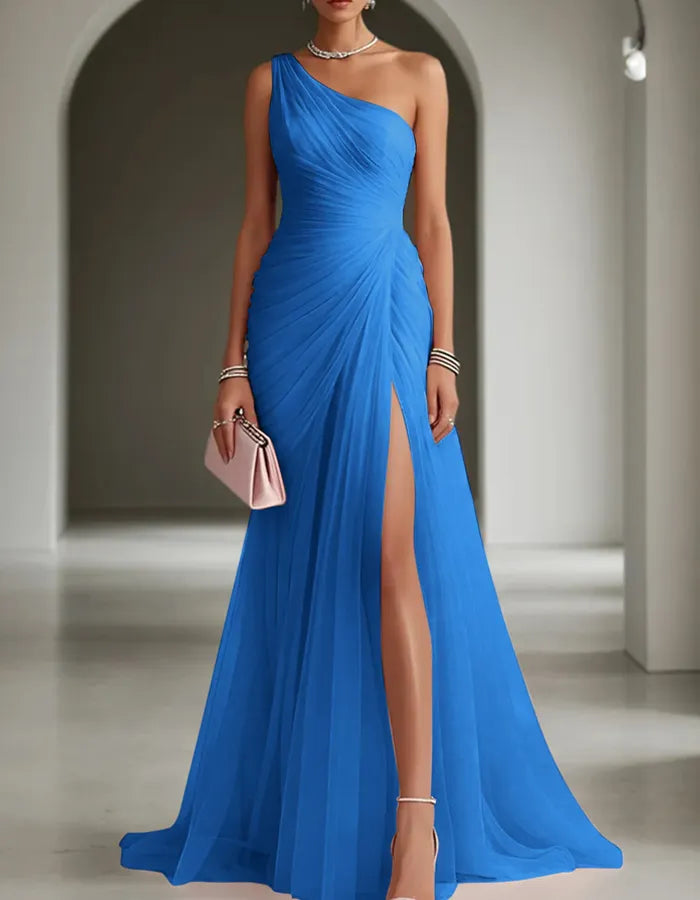 Women's Formal Maxi Wedding Guest Dress with One Shoulder and Slit