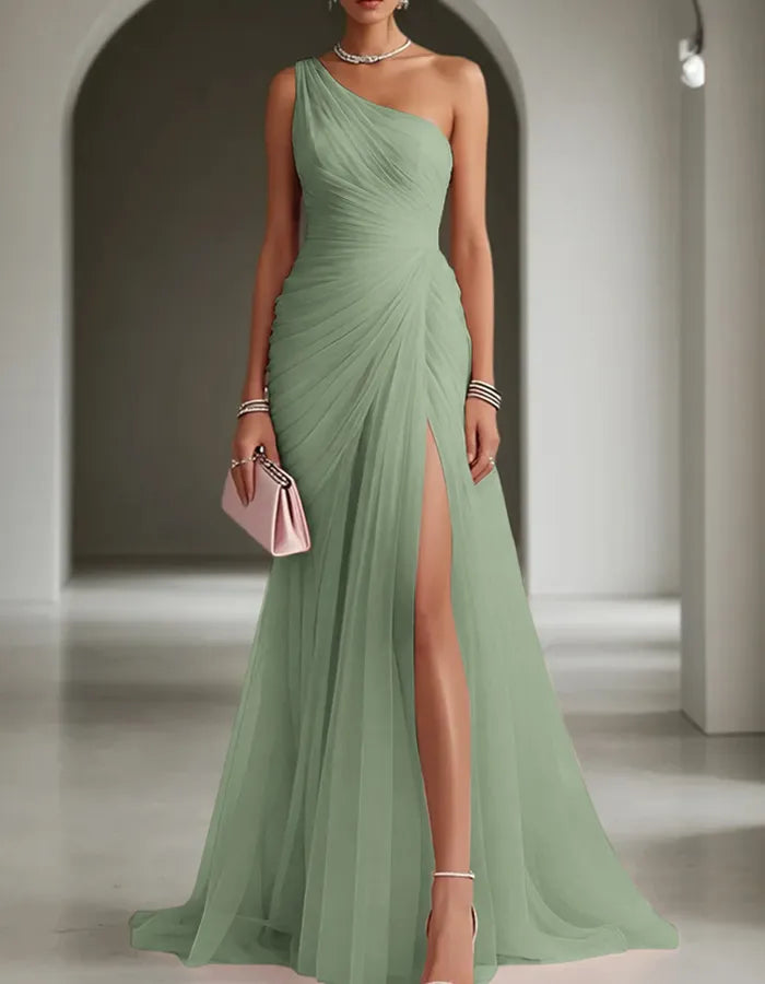 Women's Formal Maxi Wedding Guest Dress with One Shoulder and Slit