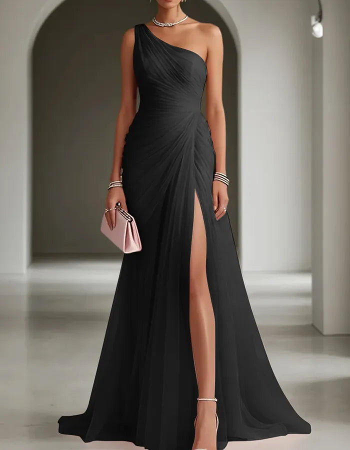 Women's Formal Maxi Wedding Guest Dress with One Shoulder and Slit