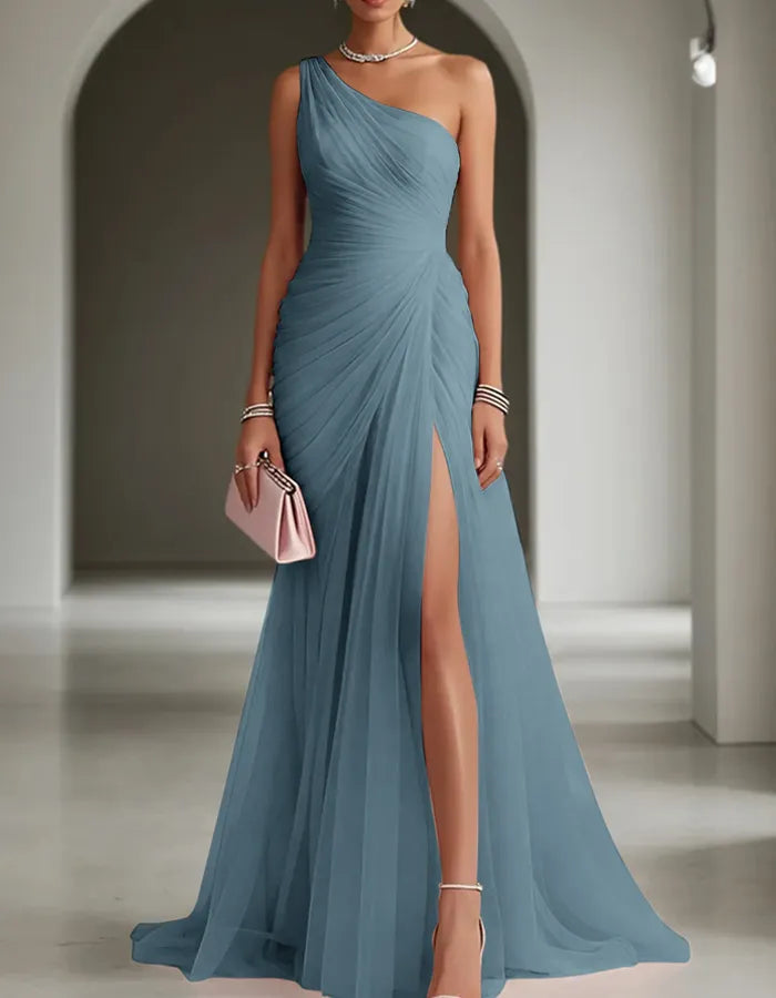 Women's Formal Maxi Wedding Guest Dress with One Shoulder and Slit