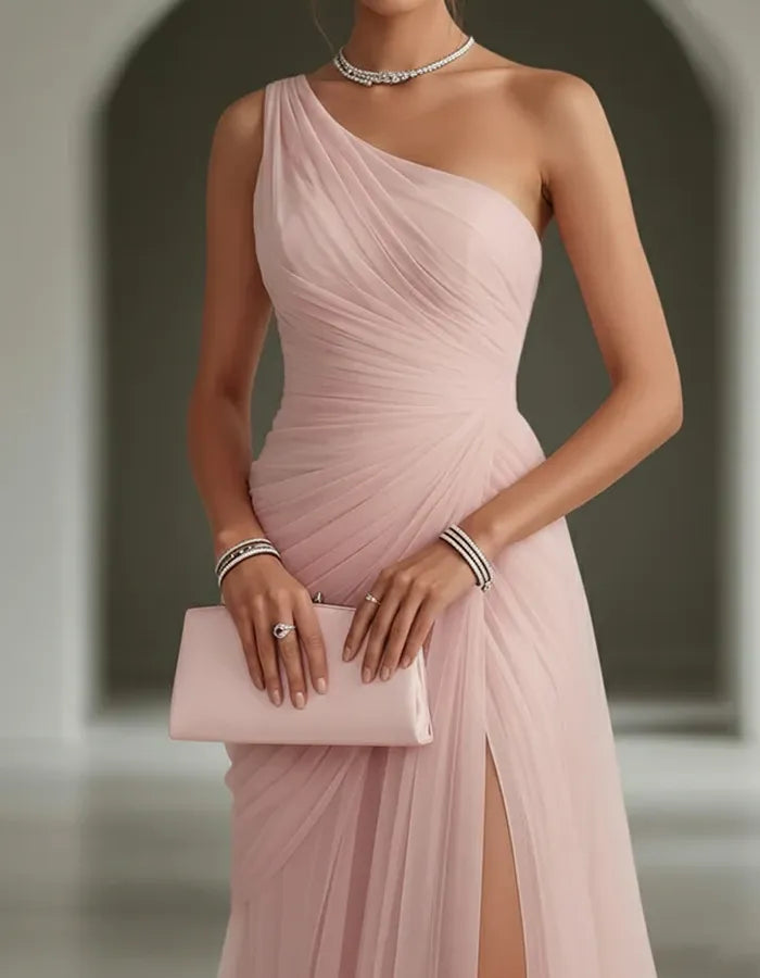 Women's Formal Maxi Wedding Guest Dress with One Shoulder and Slit