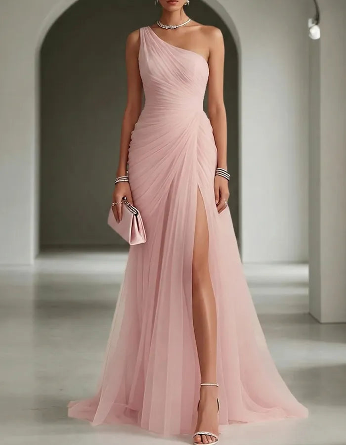 Women's Formal Maxi Wedding Guest Dress with One Shoulder and Slit