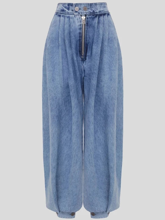 Women's High Waisted Baggy Jeans with Pleated Front