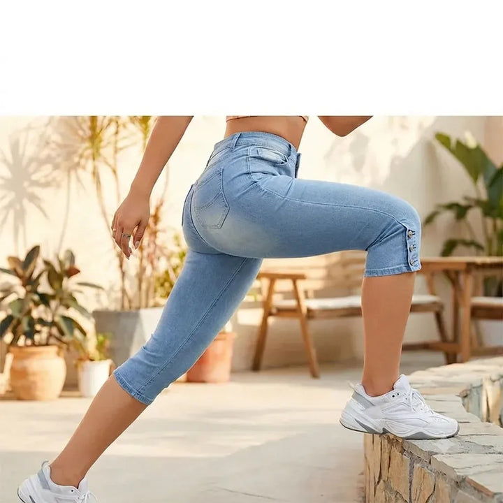 Women's High Waisted Cropped Jeans with Pockets