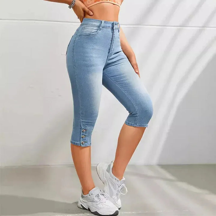 Women's High Waisted Cropped Jeans with Pockets