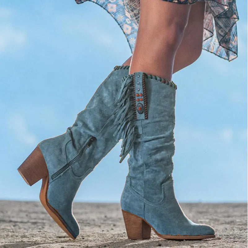 Women's Knee High Casual Cowboy Boots with Block Heel and Non Slip