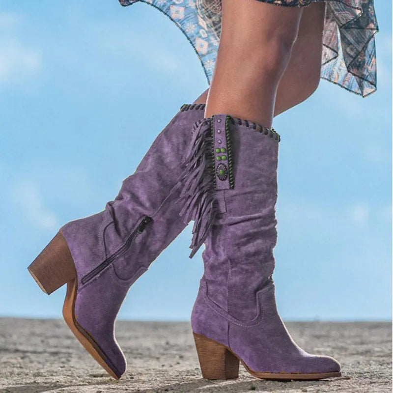 Women's Knee High Casual Cowboy Boots with Block Heel and Non Slip