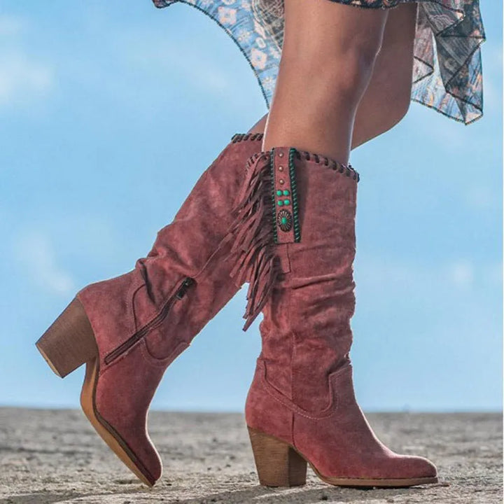 Women's Knee High Casual Cowboy Boots with Block Heel and Non Slip