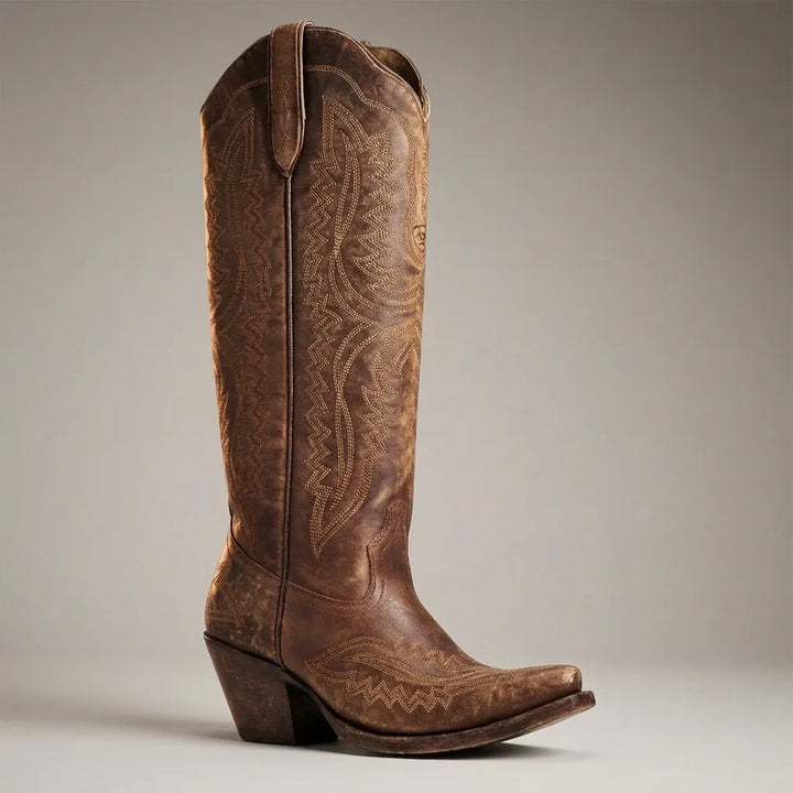 Women's Knee High Cowboy Boots with Block Heel and Wide Fit