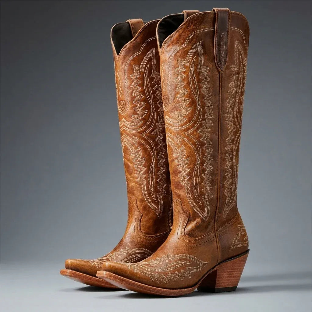 Women's Knee High Cowboy Boots with Block Heel and Wide Fit